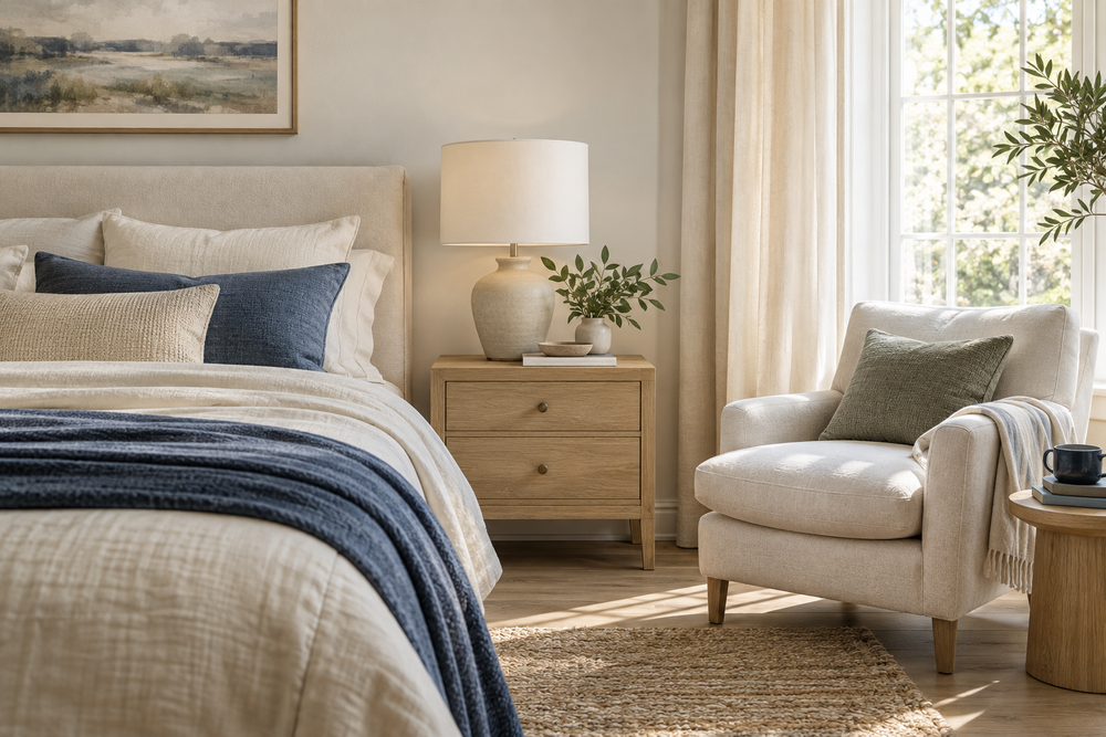 A calm bedroom with a reading corner and natural light.