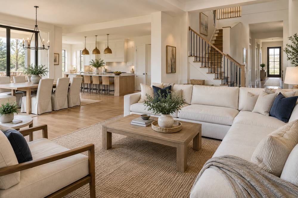 Bright family home with living, dining and kitchen areas and an upstairs hallway.