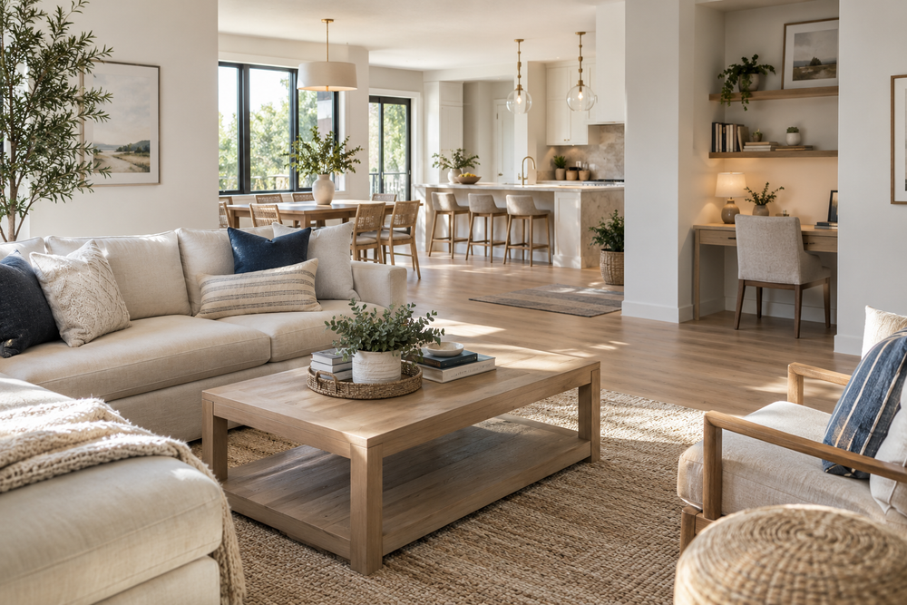 Living room, dining area and home-office nook in a warm, bright home.