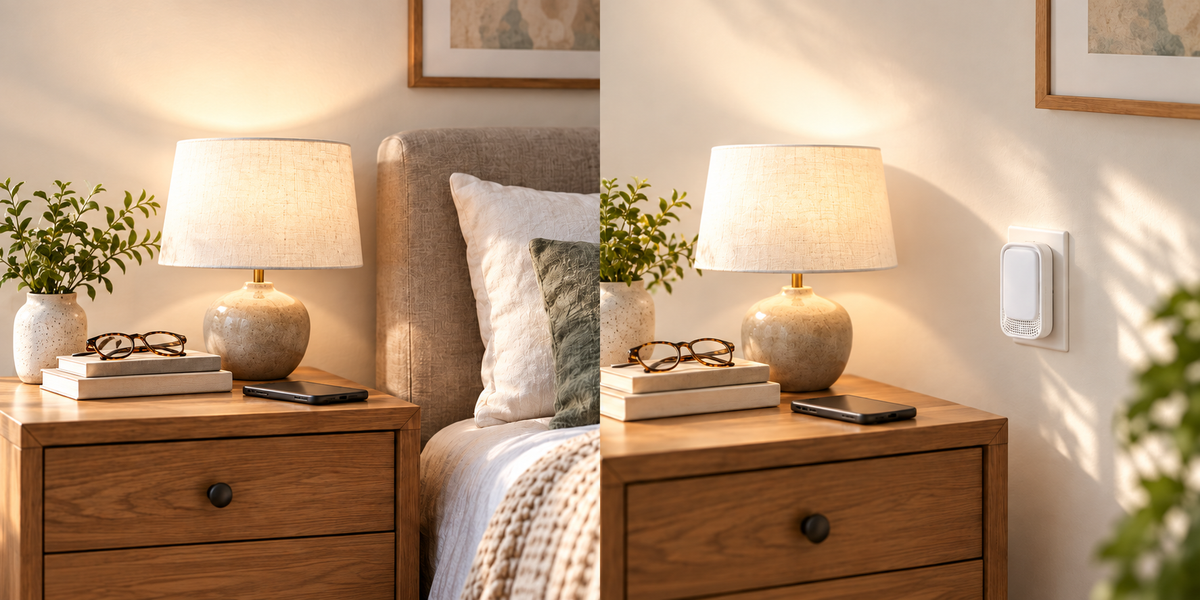 A bedside table with a lamp, books, glasses and phone.
