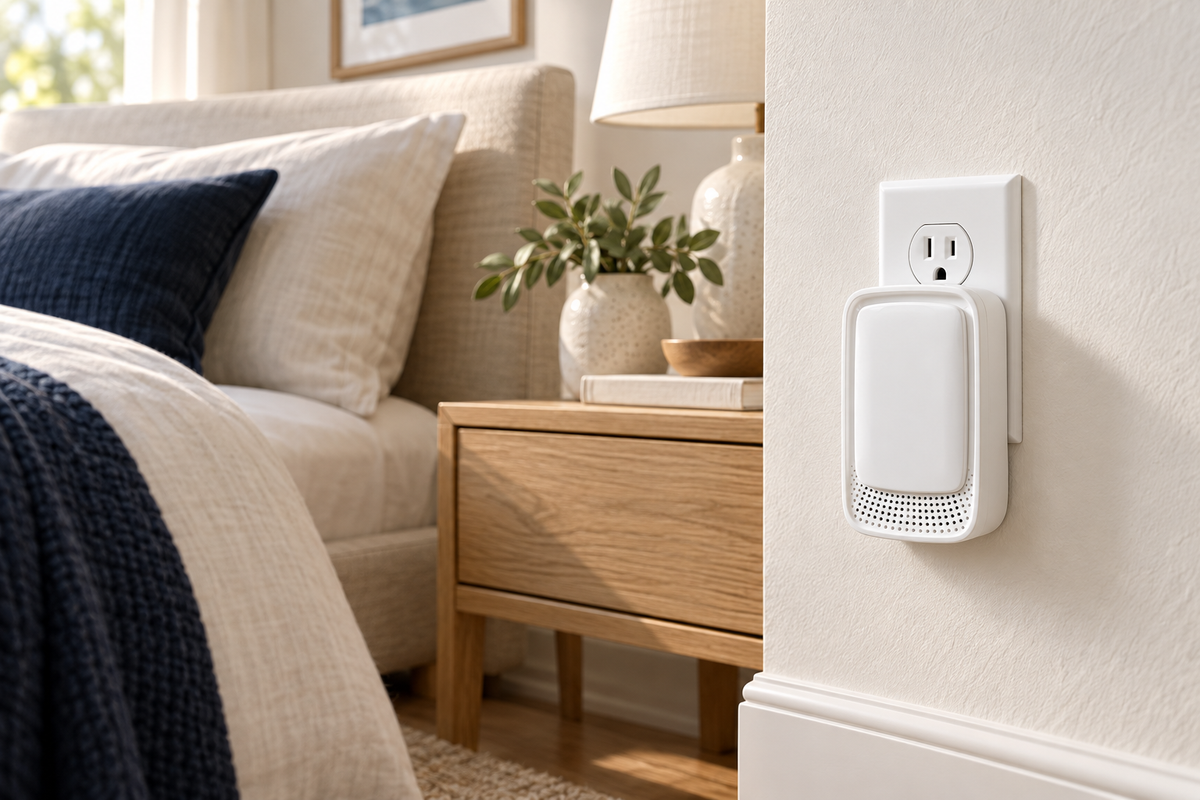 Aerensa One in a warm bedroom beside a wooden nightstand