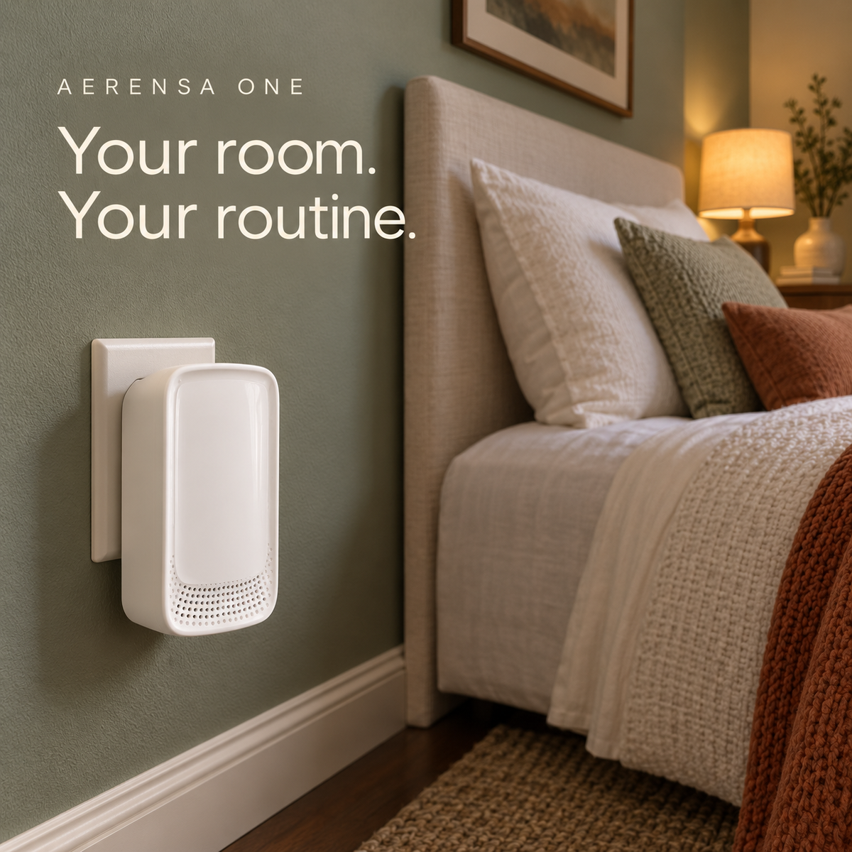 Aerensa One plugged into a bedroom wall beside a bed, with sage green decor and warm lighting. Your room. Your routine.