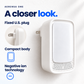 A closer look at Aerensa One: fixed U.S. plug, compact body, and negative ion technology, with a close-up of the plug.