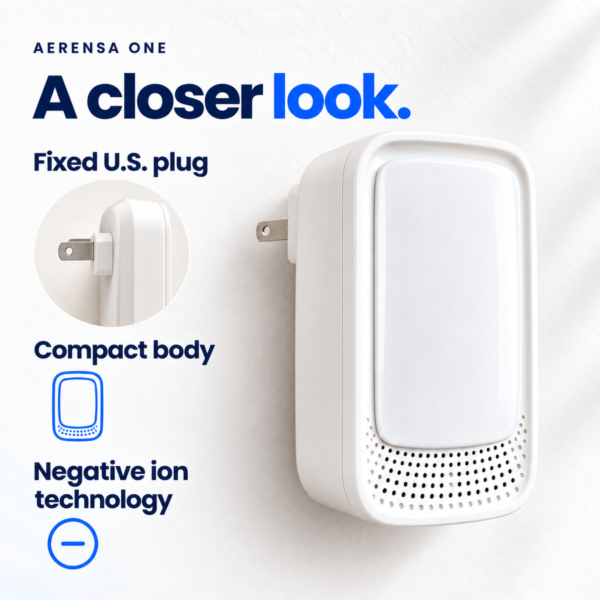 A closer look at Aerensa One: fixed U.S. plug, compact body, and negative ion technology, with a close-up of the plug.