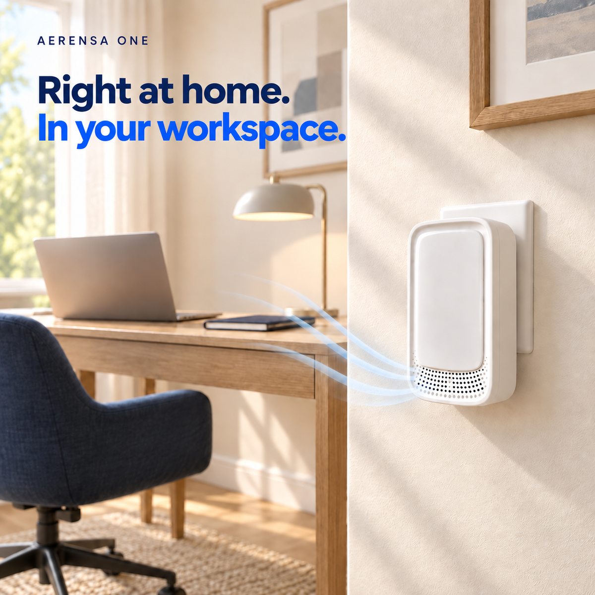 Aerensa One in a home office with stylized blue air-motion lines. Right at home. In your workspace.