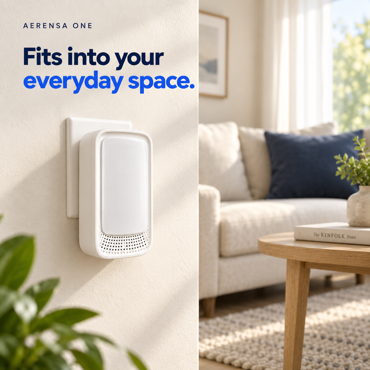 Aerensa One plugged into a wall outlet beside a warm living room. Fits into your everyday space.