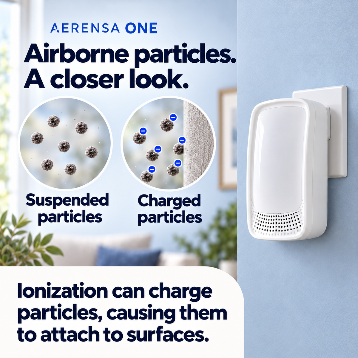 Aerensa One with illustrative suspended and charged particles explaining the ionization mechanism and attachment to surfaces.