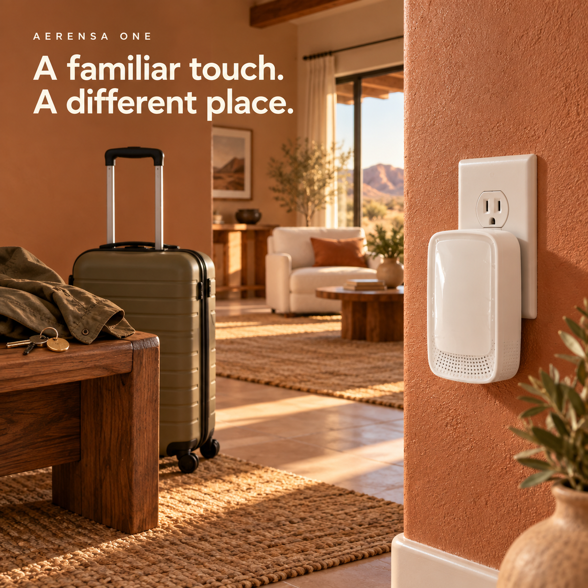 Aerensa One in a warm terracotta vacation rental interior with a suitcase. A familiar touch. A different place.